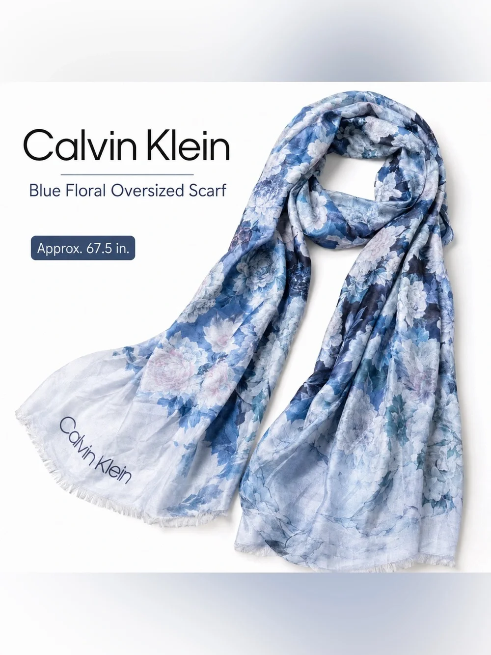 Calvin Klein Blue Floral Oversized Scarf Wrap 67.5” Watercolor Print
